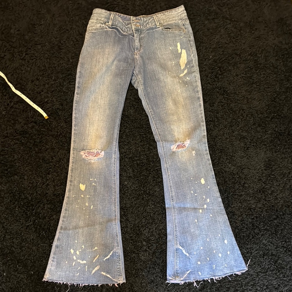 Free People Blue Flare Jeans with Distressed Details